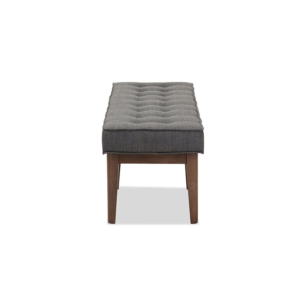 Lucca Mid-Century Modern Walnut Wood Dark Grey Fabric Button-Tufted Bench