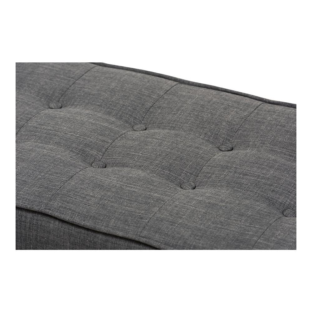 Lucca Mid-Century Modern Walnut Wood Dark Grey Fabric Button-Tufted Bench