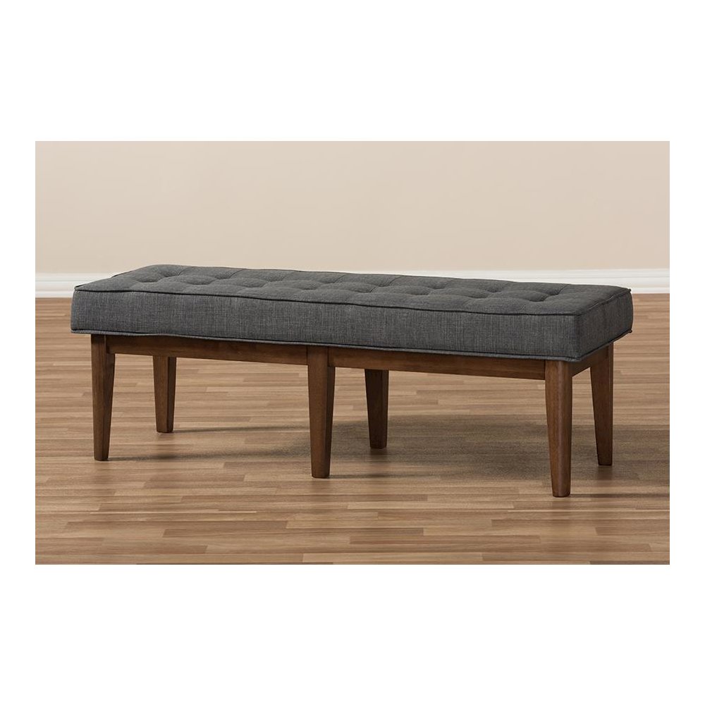 Lucca Mid-Century Modern Walnut Wood Dark Grey Fabric Button-Tufted Bench