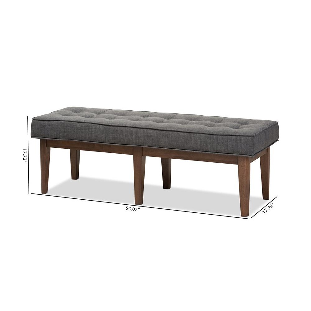 Lucca Mid-Century Modern Walnut Wood Dark Grey Fabric Button-Tufted Bench