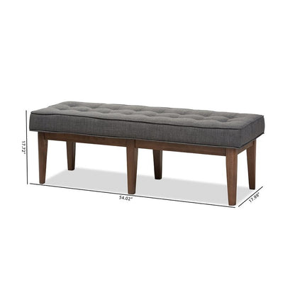 Lucca Mid-Century Modern Walnut Wood Dark Grey Fabric Button-Tufted Bench