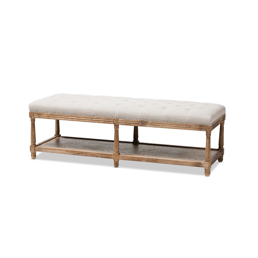 Celeste French Country Weathered Oak Beige Linen Upholstered Ottoman Bench