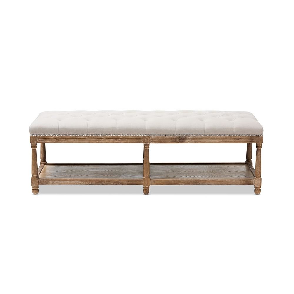 Celeste French Country Weathered Oak Beige Linen Upholstered Ottoman Bench