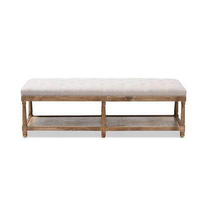 Celeste French Country Weathered Oak Beige Linen Upholstered Ottoman Bench