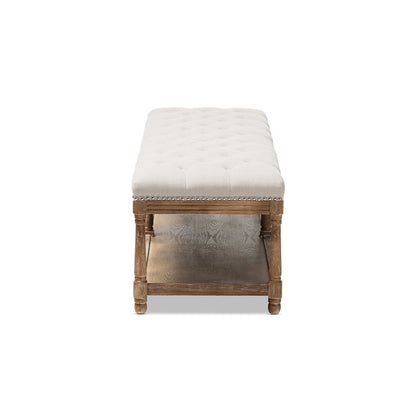 Celeste French Country Weathered Oak Beige Linen Upholstered Ottoman Bench