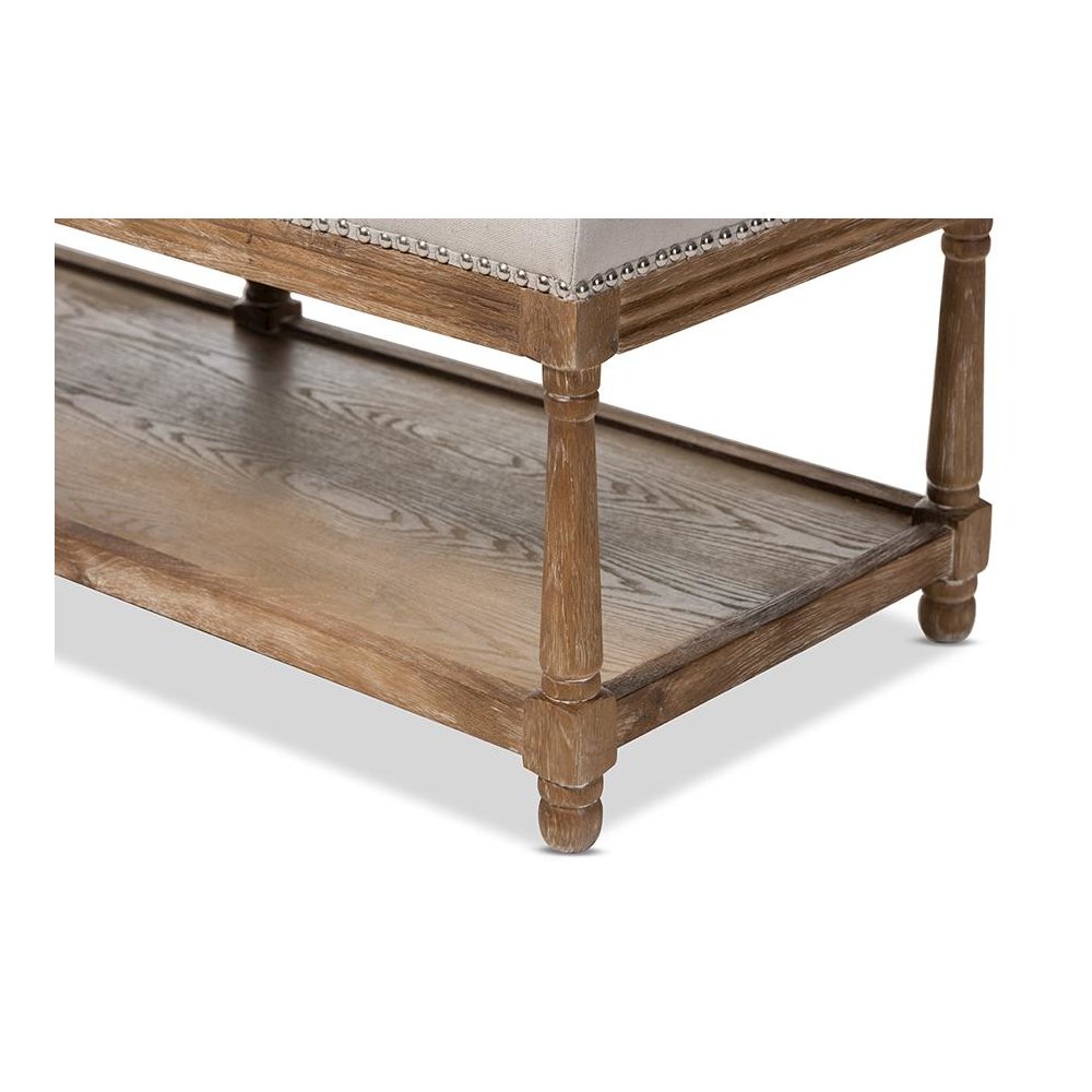 Celeste French Country Weathered Oak Beige Linen Upholstered Ottoman Bench