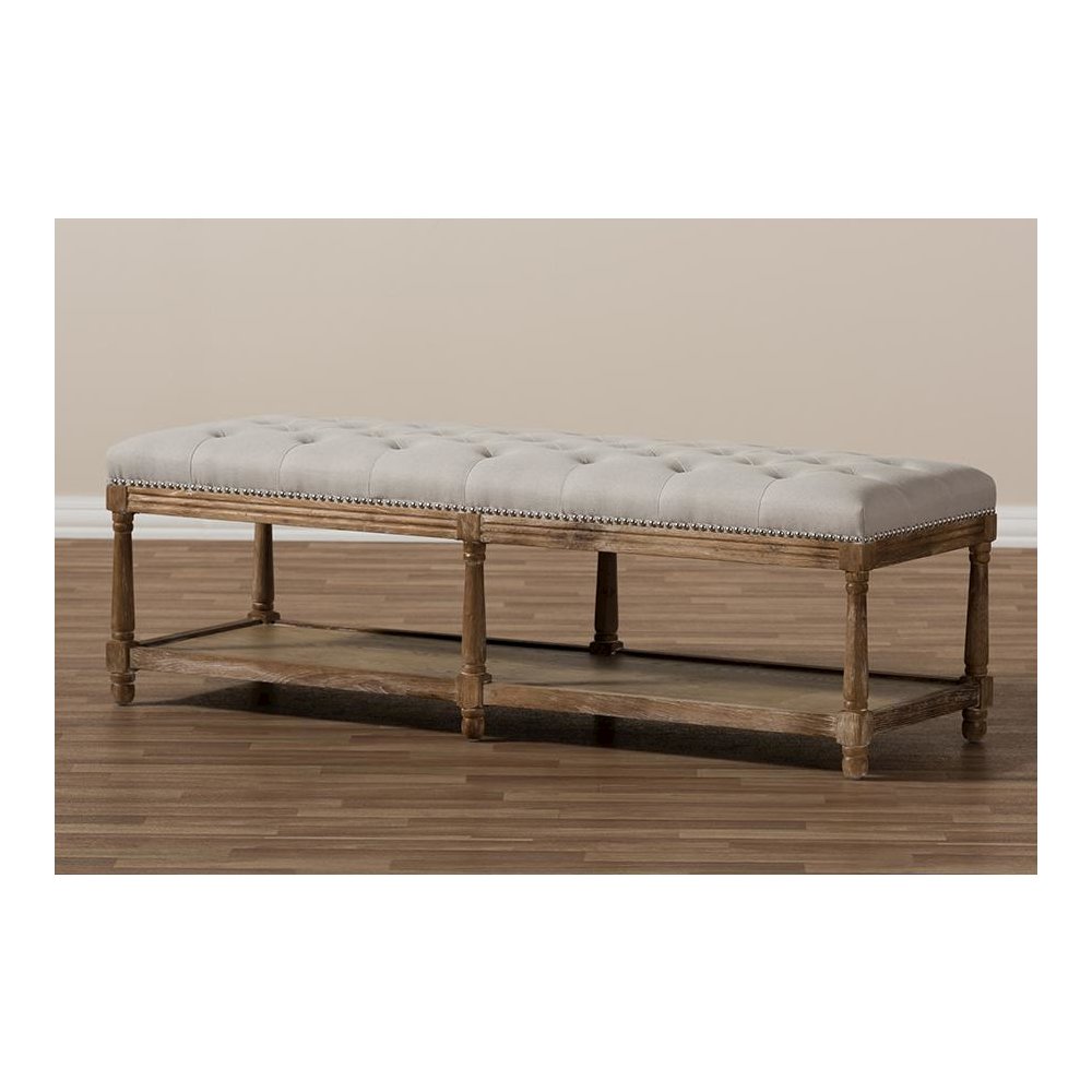 Celeste French Country Weathered Oak Beige Linen Upholstered Ottoman Bench