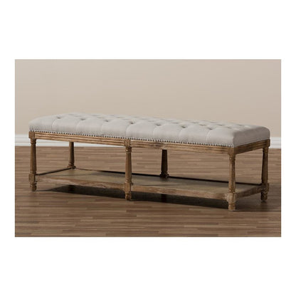 Celeste French Country Weathered Oak Beige Linen Upholstered Ottoman Bench