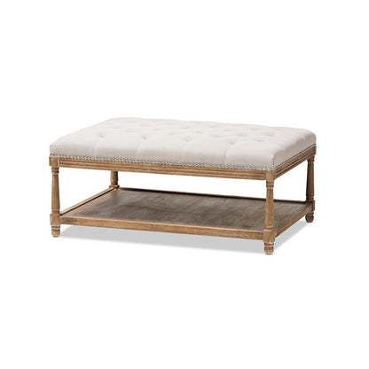 Country Weathered Oak Beige Linen Rectangular Coffee Table Ottoman
