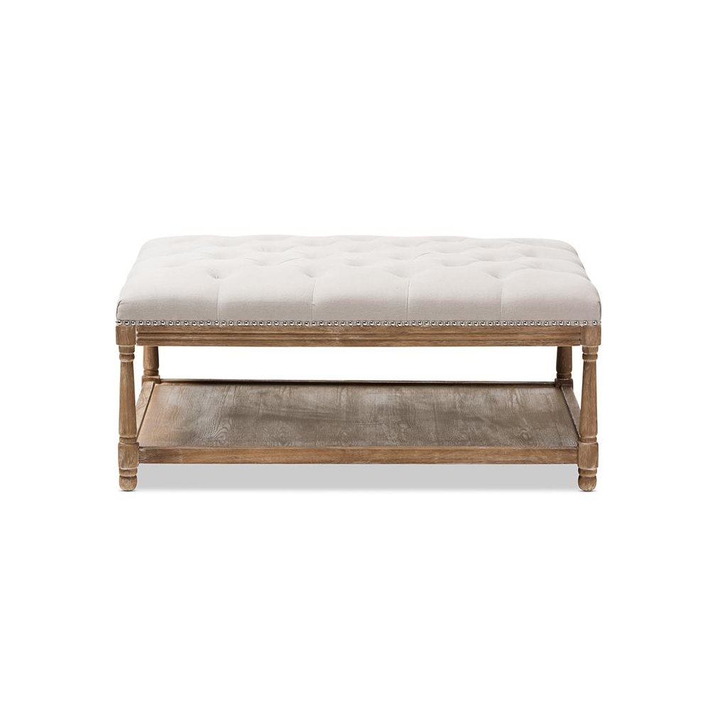 Country Weathered Oak Beige Linen Rectangular Coffee Table Ottoman
