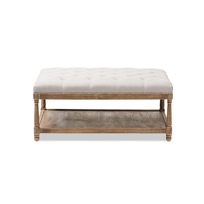 Country Weathered Oak Beige Linen Rectangular Coffee Table Ottoman