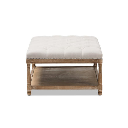 Country Weathered Oak Beige Linen Rectangular Coffee Table Ottoman