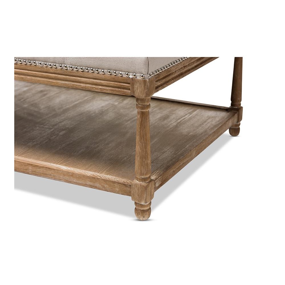 Country Weathered Oak Beige Linen Rectangular Coffee Table Ottoman