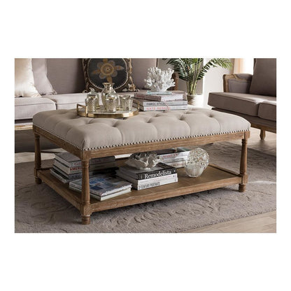 Country Weathered Oak Beige Linen Rectangular Coffee Table Ottoman