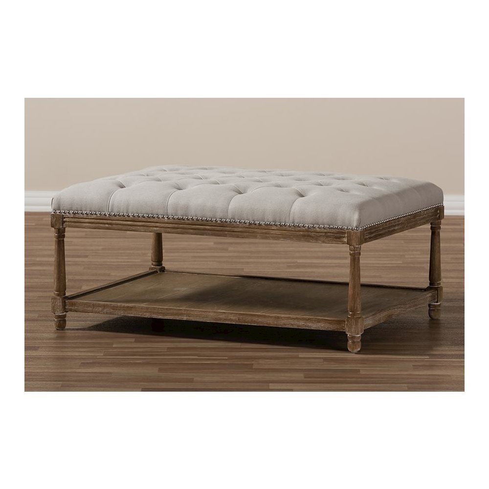 Country Weathered Oak Beige Linen Rectangular Coffee Table Ottoman