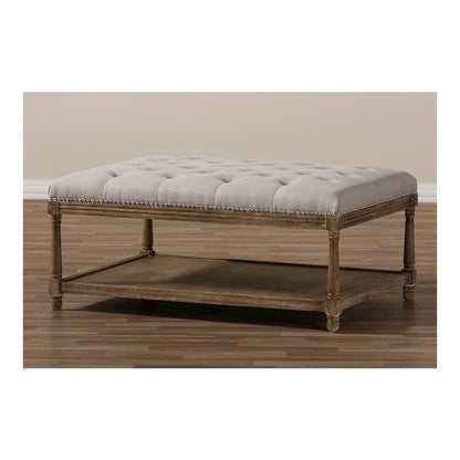 Country Weathered Oak Beige Linen Rectangular Coffee Table Ottoman