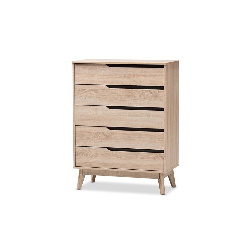 Baxton Studio Fella Mid-Century Modern Two-Tone Oak and Grey Wood 5-Drawer Chest
