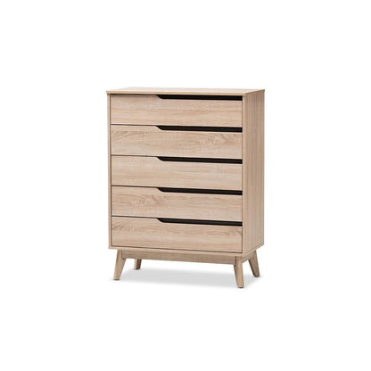 Baxton Studio Fella Mid-Century Modern Two-Tone Oak and Grey Wood 5-Drawer Chest