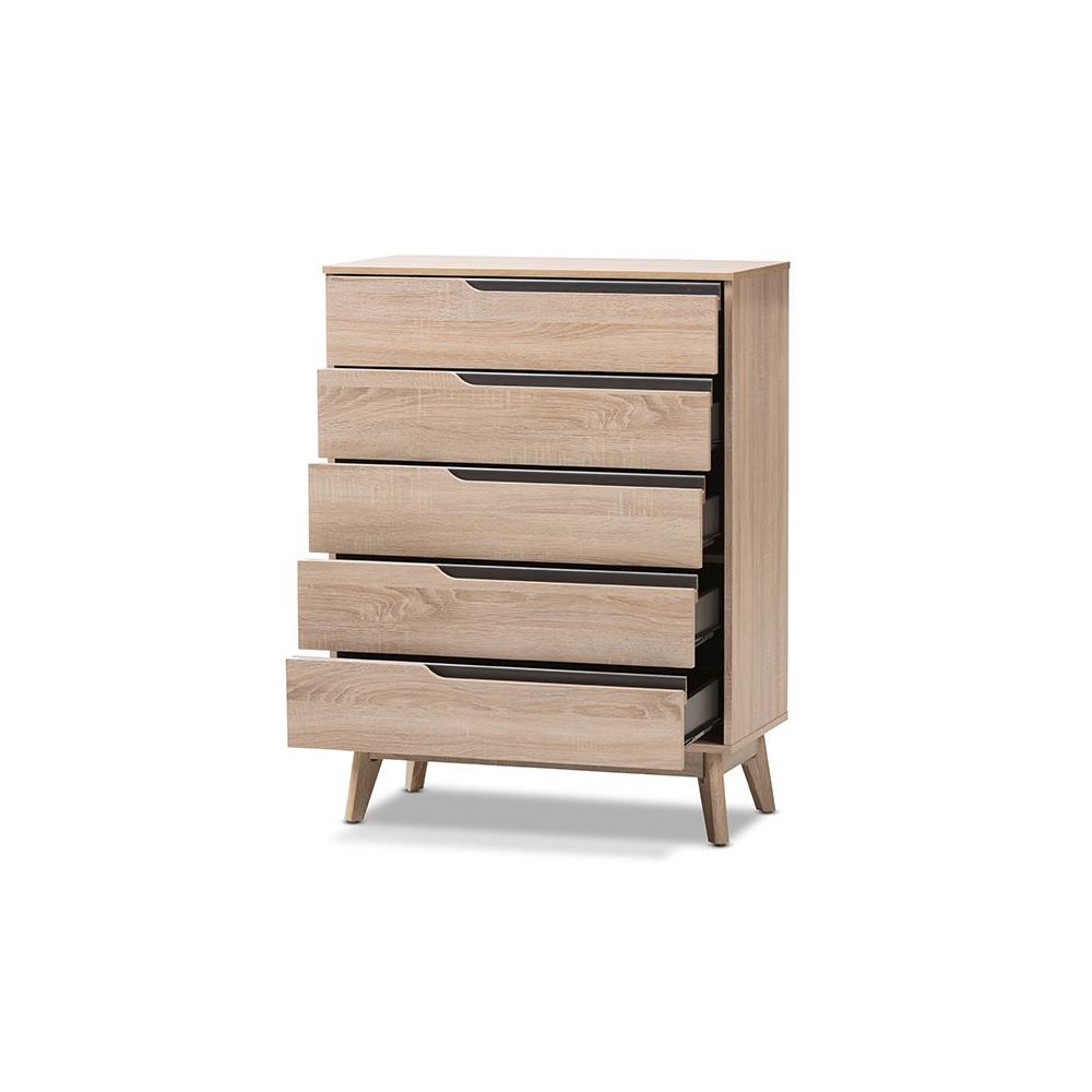 Baxton Studio Fella Mid-Century Modern Two-Tone Oak and Grey Wood 5-Drawer Chest