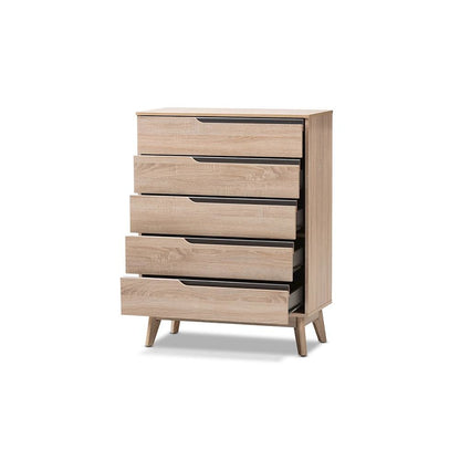 Baxton Studio Fella Mid-Century Modern Two-Tone Oak and Grey Wood 5-Drawer Chest