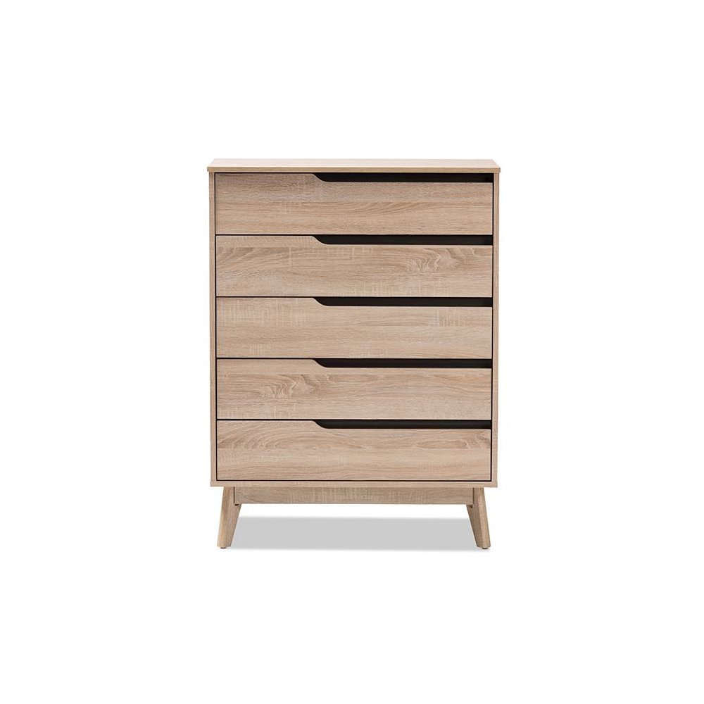 Baxton Studio Fella Mid-Century Modern Two-Tone Oak and Grey Wood 5-Drawer Chest