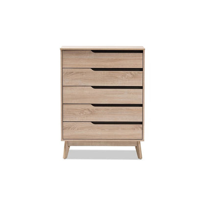 Baxton Studio Fella Mid-Century Modern Two-Tone Oak and Grey Wood 5-Drawer Chest