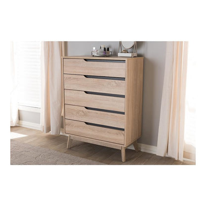 Baxton Studio Fella Mid-Century Modern Two-Tone Oak and Grey Wood 5-Drawer Chest