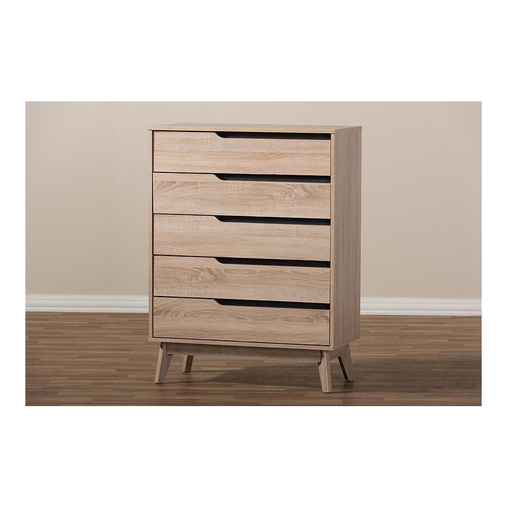 Baxton Studio Fella Mid-Century Modern Two-Tone Oak and Grey Wood 5-Drawer Chest