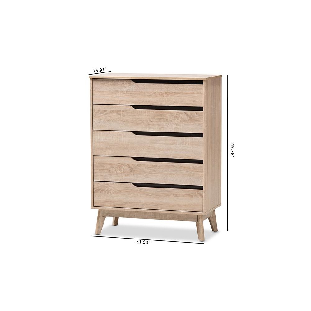 Baxton Studio Fella Mid-Century Modern Two-Tone Oak and Grey Wood 5-Drawer Chest
