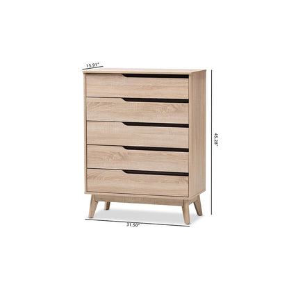 Baxton Studio Fella Mid-Century Modern Two-Tone Oak and Grey Wood 5-Drawer Chest