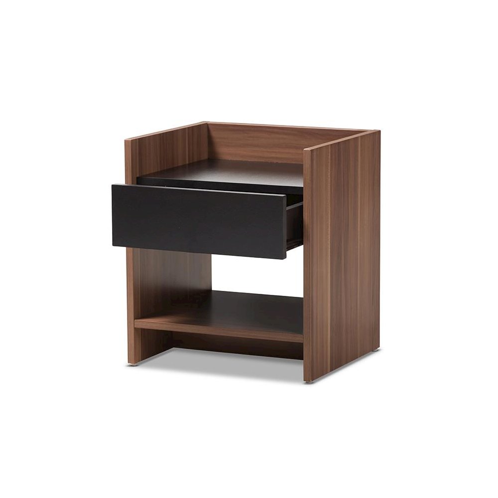 Vanda Modern and Contemporary Two-Tone Walnut and Black Wood 1-Drawer Nightstand