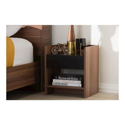 Vanda Modern and Contemporary Two-Tone Walnut and Black Wood 1-Drawer Nightstand