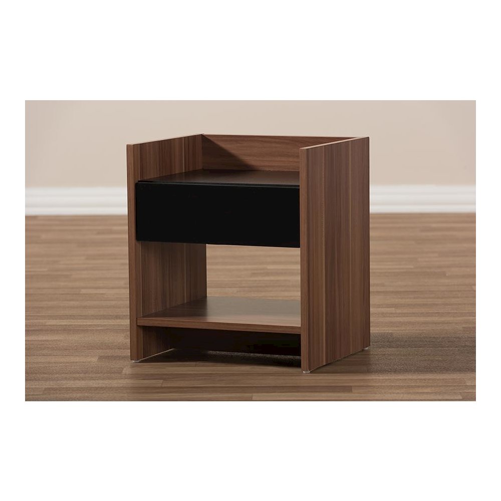 Vanda Modern and Contemporary Two-Tone Walnut and Black Wood 1-Drawer Nightstand