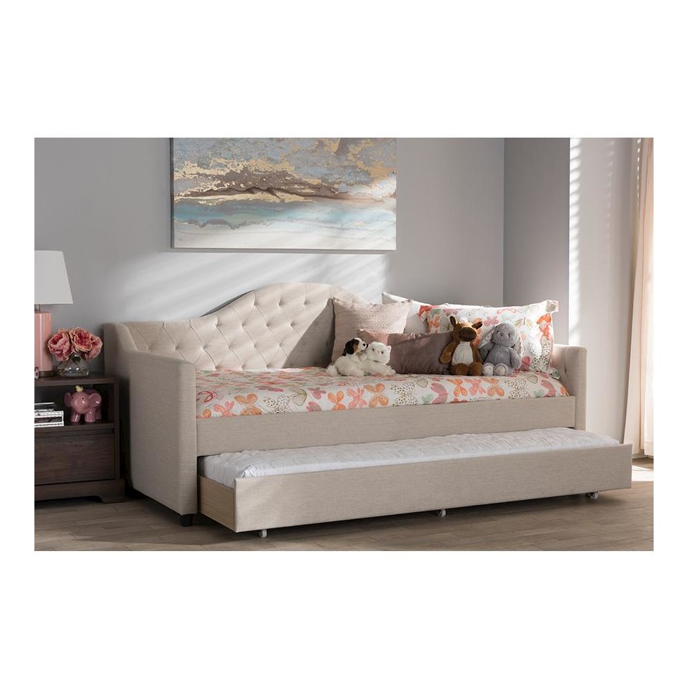 Perry Modern and Contemporary Light Beige Fabric Daybed with Trundle
