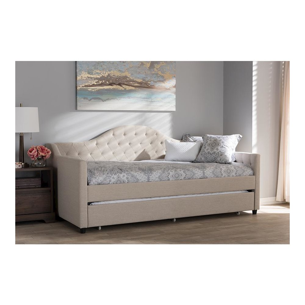 Perry Modern and Contemporary Light Beige Fabric Daybed with Trundle