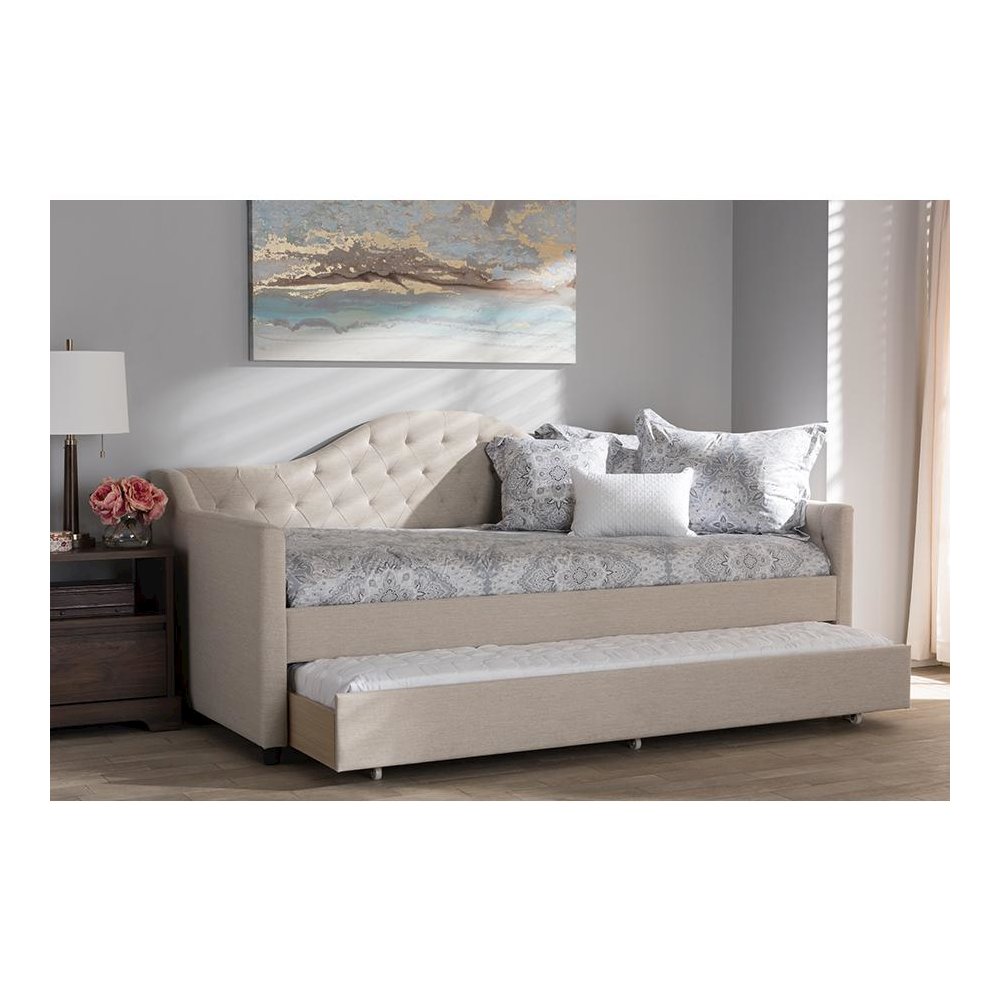Perry Modern and Contemporary Light Beige Fabric Daybed with Trundle