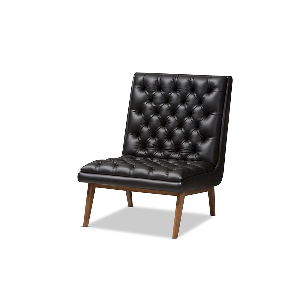 Leather Upholstered Walnut Finished Wood Lounge Chair