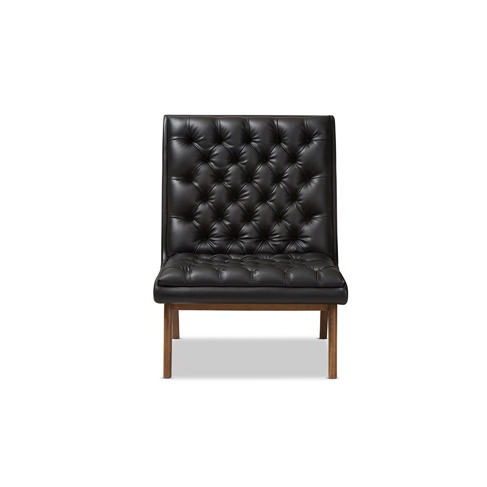 Leather Upholstered Walnut Finished Wood Lounge Chair