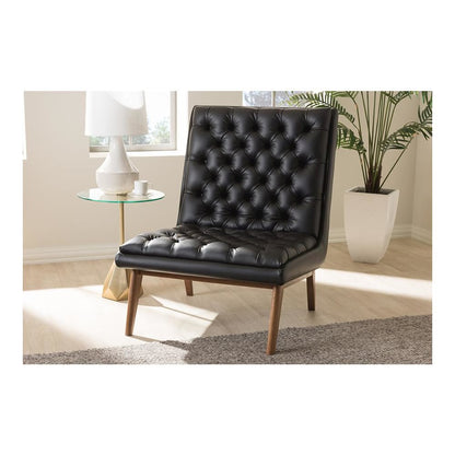Leather Upholstered Walnut Finished Wood Lounge Chair