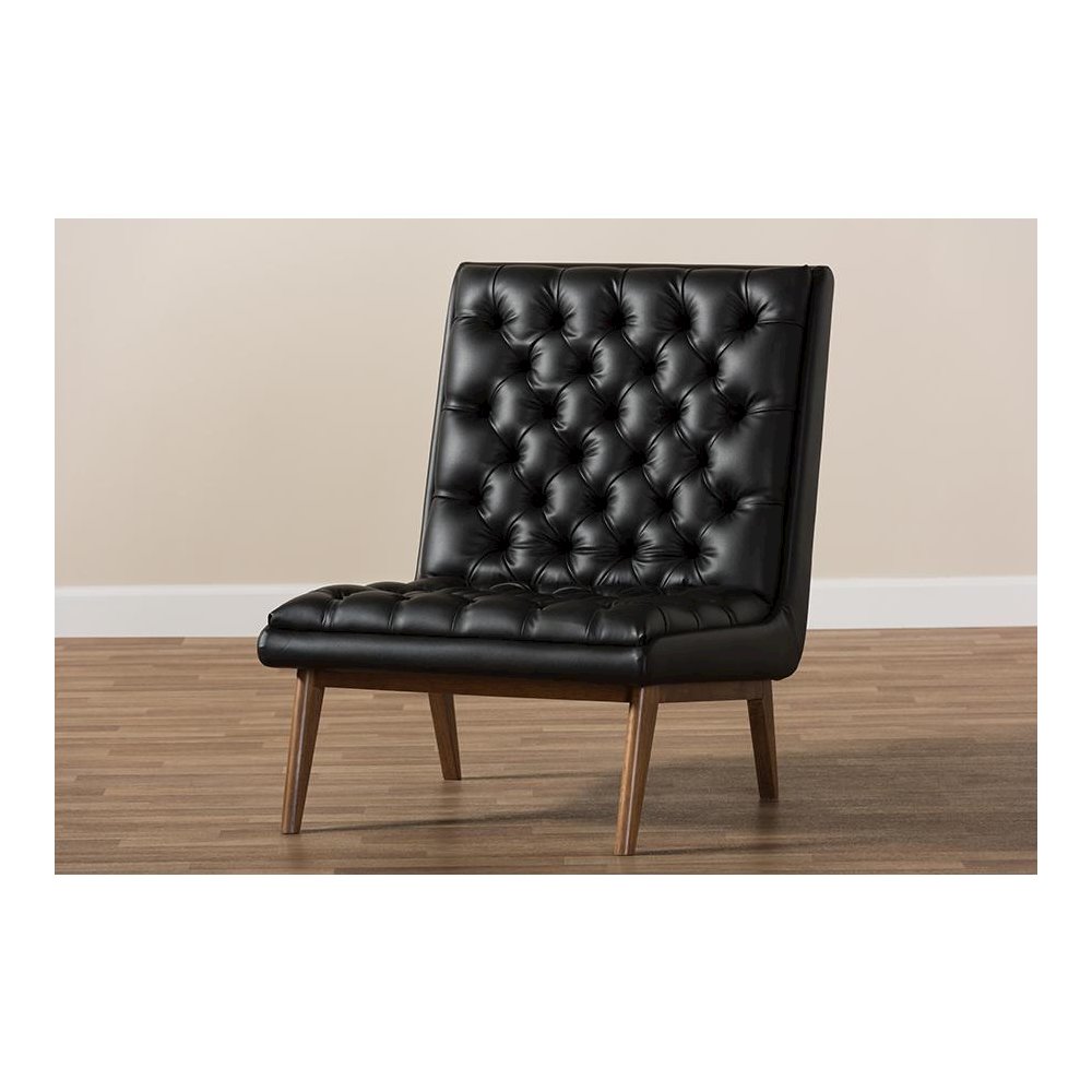 Leather Upholstered Walnut Finished Wood Lounge Chair
