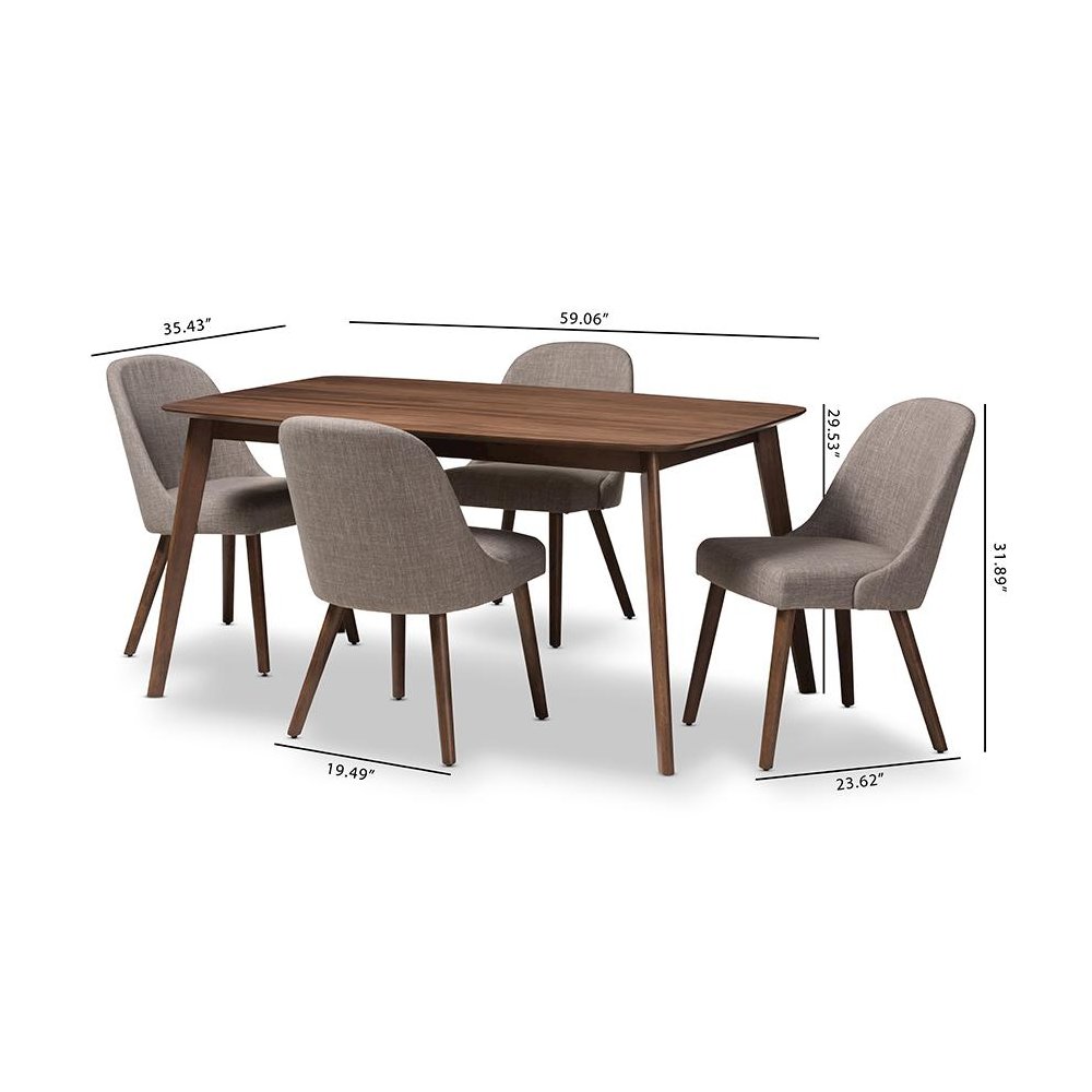 Light Grey Fabric Upholstered Walnut Finished Wood 5-Piece Dining Set