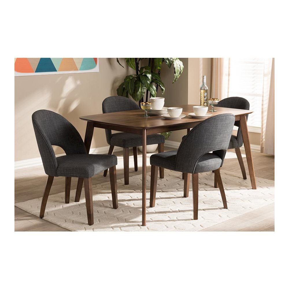 Dark Grey Fabric Upholstered Walnut Finished Wood 5-Piece Dining Set