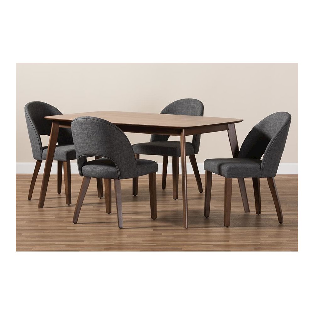 Dark Grey Fabric Upholstered Walnut Finished Wood 5-Piece Dining Set