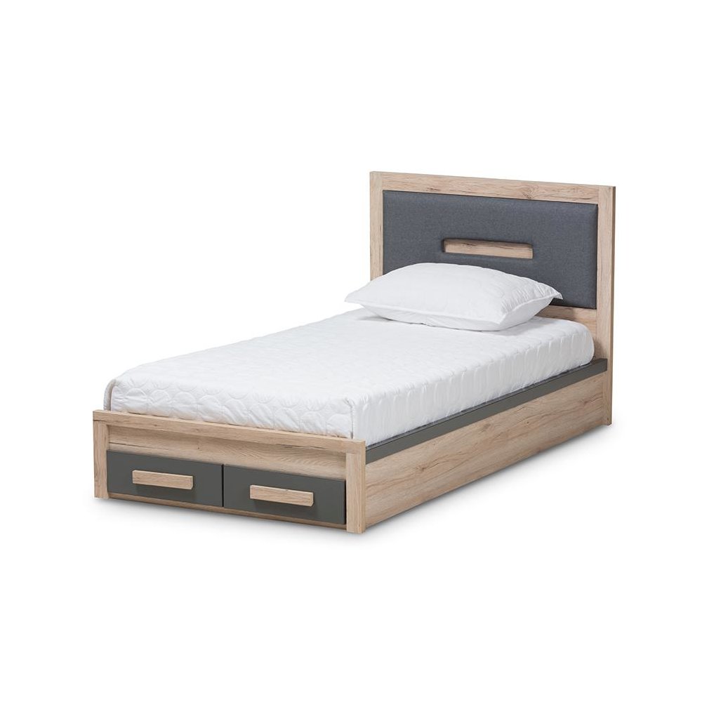 Dark Grey and Light Brown Two-Tone 2-Drawer Twin Size Storage Platform Bed