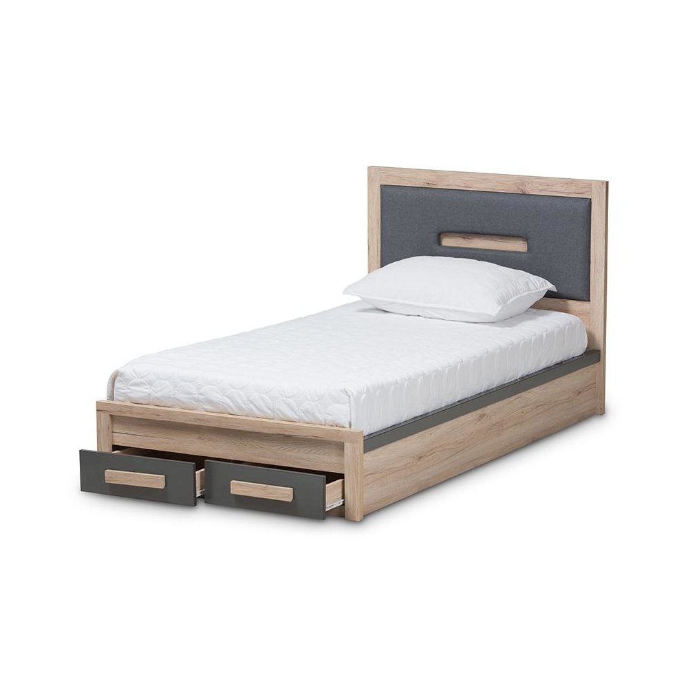 Dark Grey and Light Brown Two-Tone 2-Drawer Twin Size Storage Platform Bed