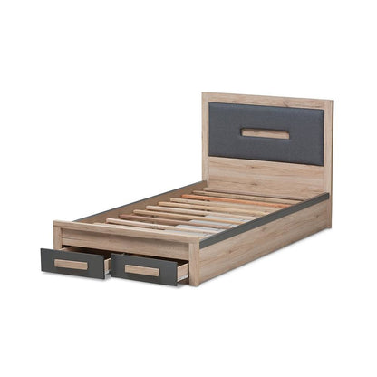 Dark Grey and Light Brown Two-Tone 2-Drawer Twin Size Storage Platform Bed
