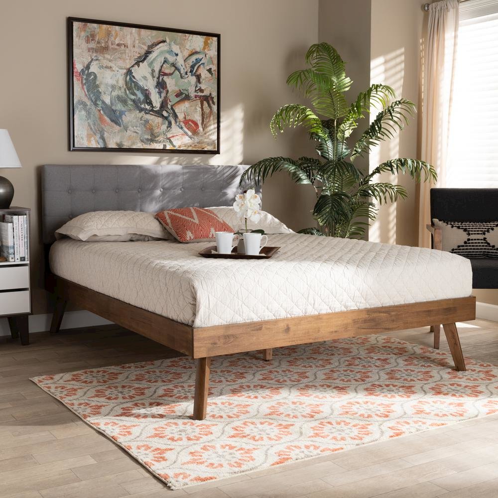 Light Grey Fabric Upholstered Walnut Brown Finished Wood King Size Platform Bed