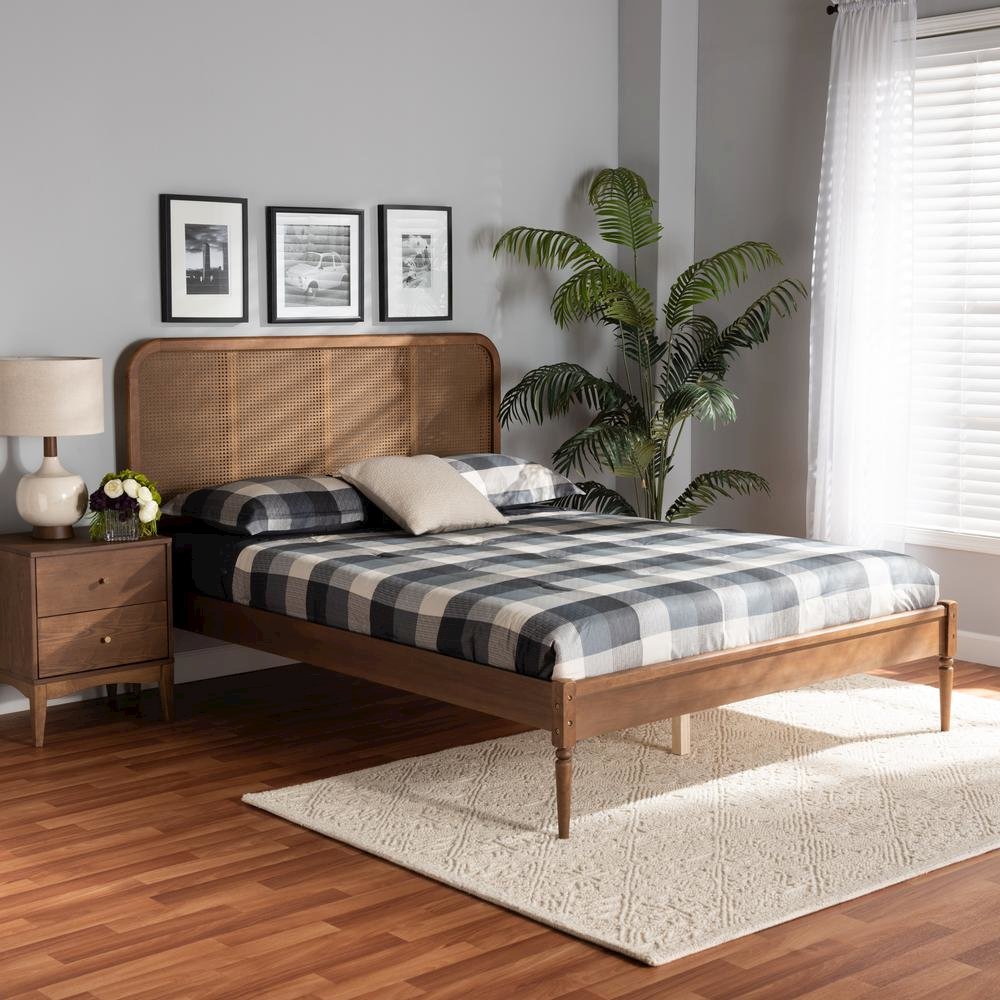 Walnut Brown Finished Wood and Synthetic Rattan King Size Platform Bed