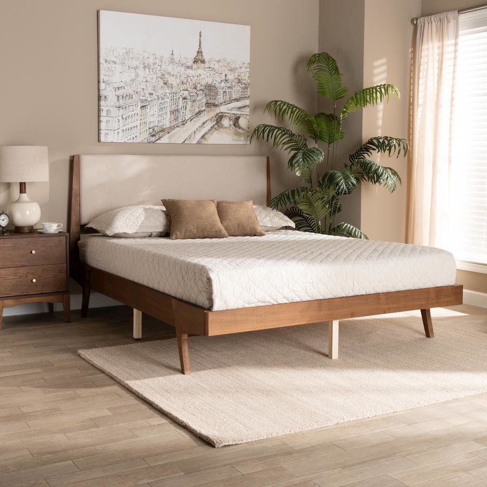 Beige Fabric Upholstered and Walnut Brown Finished Wood King Size Platform Bed