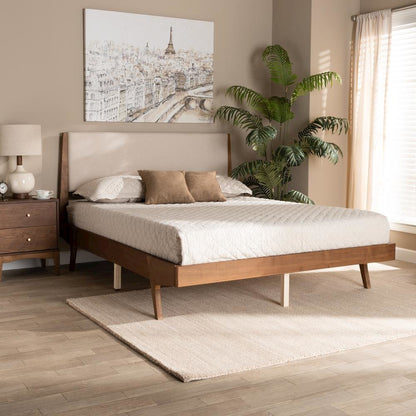 Beige Fabric Upholstered and Walnut Brown Finished Wood King Size Platform Bed